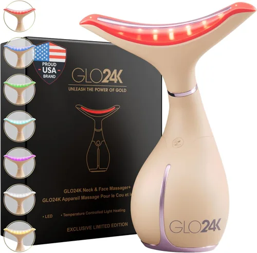 GLO24K Dispositivo de Belleza de 7 Colores – Tecnología de Acción LED Triple y Vibración Facial y Masajeador de Cuello
