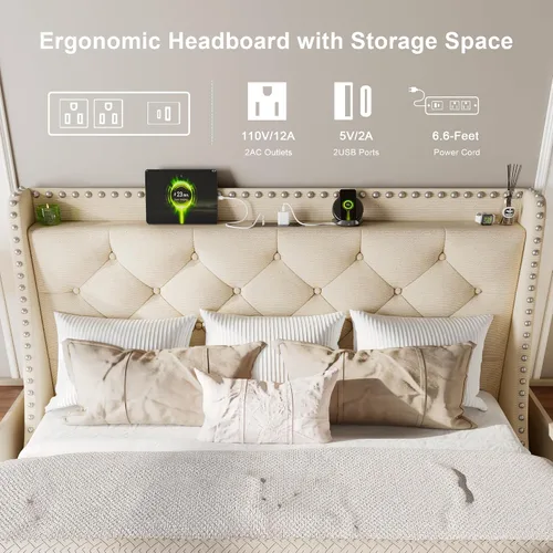 Miniatura 3 de Feonase - Base de cama tamaño completo con respaldo de alas de lujo y estación de carga rápida, base de cama tapizada con botones y cabecera