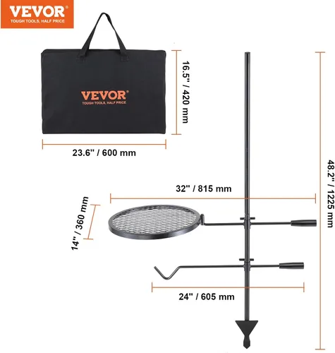 Miniatura 7 de VEVOR Parrilla giratoria para fogata, parrilla para hoyo de fuego con rejilla sobre hoyos de fuego, rejillas de parrilla de acero resistentes