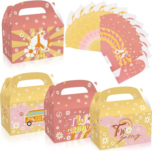 MIKIMIQI 12 cajas de decoración de fiesta hippie de arco iris bohemio groovy - Bolsas de regalo retro para fiesta de 2º cumpleaños para niñas