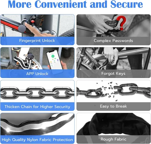 Miniatura 2 de Eseesmart Cerradura de cadena para bicicleta, cerraduras de bicicleta de huellas dactilares, antirrobo, cerraduras de seguridad de 3.28 pies