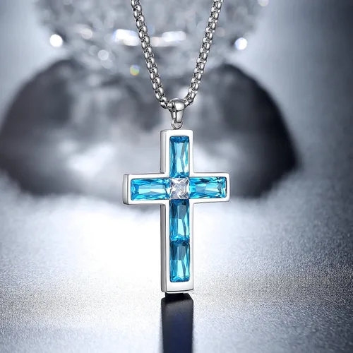 Miniatura 2 de Collar de cruz para hombre, piedras preciosas de color piedra natal de circonita cúbica, collar de acero inoxidable para hombre, cadena de 24