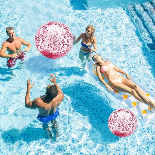 Miniatura 2 de Paquete de 5 bolas de playa de lentejuelas de 16 pulgadas y 24 pulgadas, inflables, confeti con purpurina, pelota de playa transparente, juguete Rosa