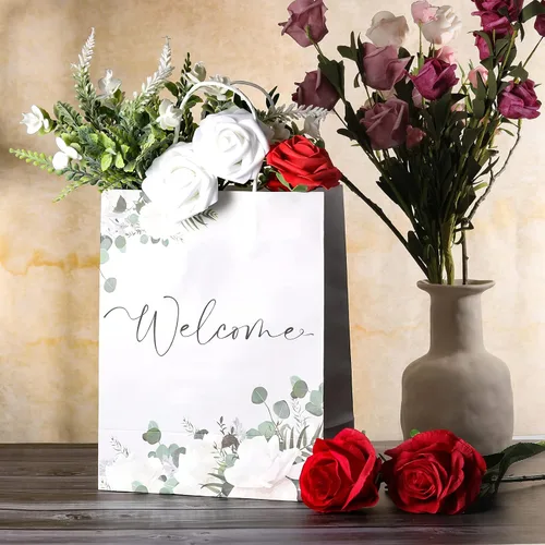 Miniatura 6 de Chinco 36 bolsas blancas de regalo de bienvenida con asas, 11 x 9 x 4.7 pulgadas, bolsas de papel a granel para invitados de boda, cumpleaños, baby