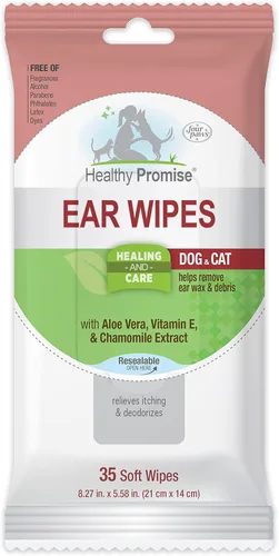 Four Paws Healthy Promise Grooming - Toallitas calmantes para limpieza de oídos para mascotas, reducción de olores y alivio de picazón, 35 unidades