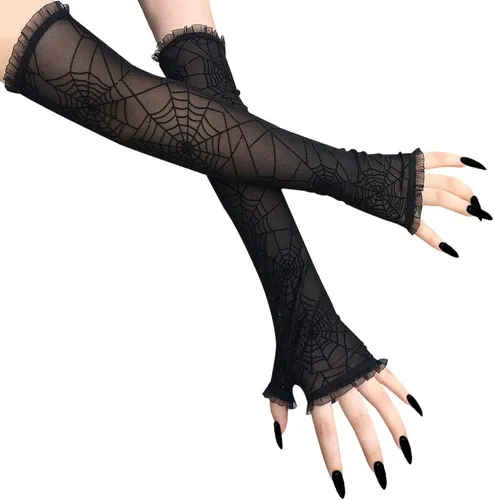Miniatura 4 de Soochat Guantes sin dedos de encaje de telaraña de Halloween, Negro