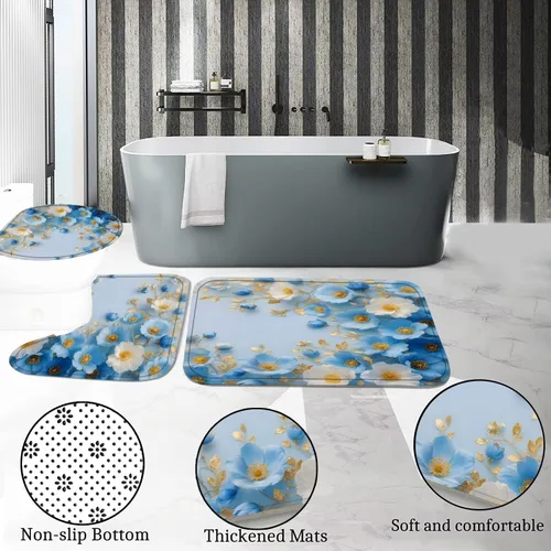 Miniatura 5 de DDQQ Juego de cortinas de ducha florales azules y blancas con flores dulces pintadas con alfombras, juego de cortina de ducha de baño de primavera