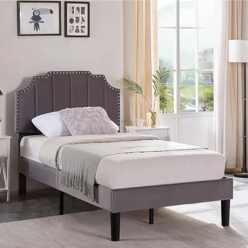 Miniatura 14 de VECELO Base de cama tapizada de terciopelo tamaño Queen con ribete de clavos, cabecera ajustable en altura copetuda, cama vintage con listones