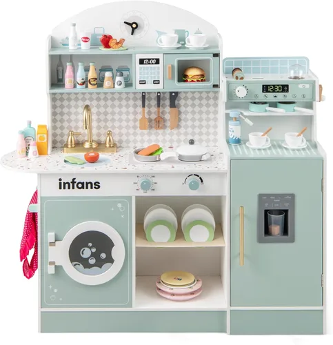 Miniatura 9 de INFANS Juego de cocina para niños, juego de cocina de madera para niños pequeños, juego de juguetes de cocina con cafetera, máquina de hielo, Azul