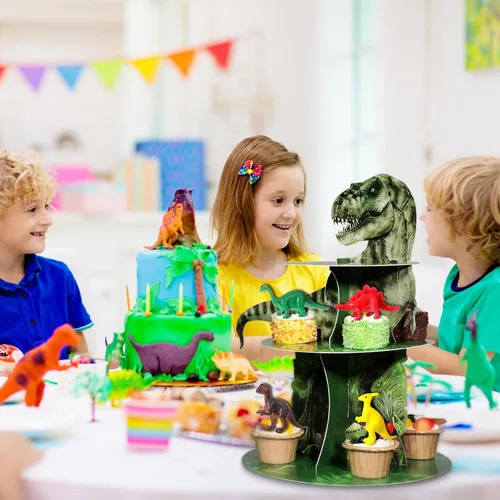 Miniatura 6 de Censen Soporte para cupcakes de dinosaurio de 3 niveles, decoración de fiesta, 24 piezas, figuras de dinosaurio, juguetes para cupcakes, torre
