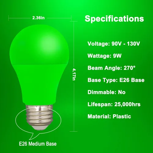 Miniatura 2 de Bombilla LED de color verde, bombillas de color verde de 9 W (equivalente a 60 W), bombillas LED verdes A19 con base E26 perfectas para porche