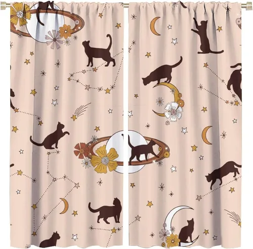 Miniatura 32 de Cortinas de estilo de mediados de siglo, diseño geométrico abstracto moderno, diseño retro, estampado de gato negro, para dormitorio, sala de estar