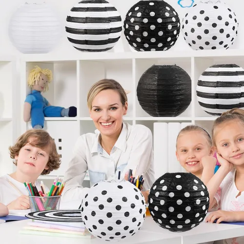 Miniatura 5 de Treela Paquete de 6 linternas de papel en blanco y negro de 8 pulgadas redondas con patrones de lunares a rayas para regreso a clases, aula, fiesta