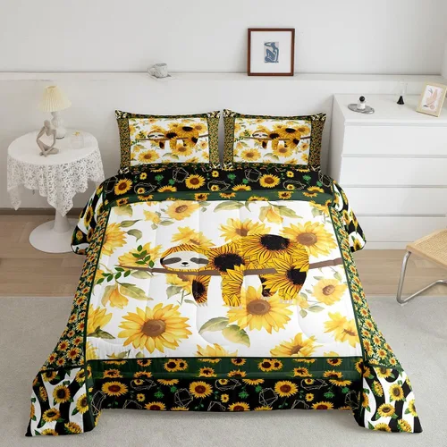 Manfei - Juego de edredón de tamaño Queen con lindo diseño de perezoso, juego de colcha con flores amarillas con 2 fundas de almohada, juego de ropa