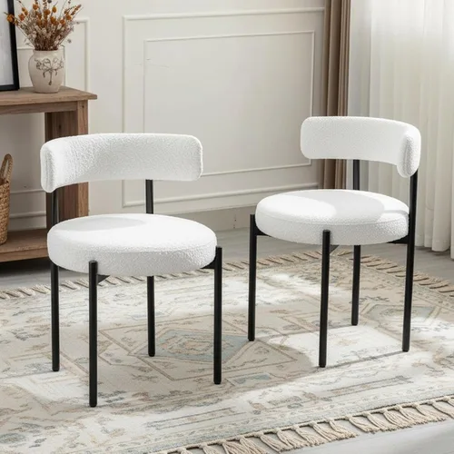 Miniatura 13 de Juego de 2 sillas de comedor Boucle, sillas de comedor beige con asiento tapizado y respaldo redondo, sillas de cocina modernas de mediados de siglo