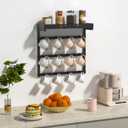Miniatura 7 de RCHYFEED Soporte para taza de café montado en la pared, organizador de tazas para exhibición y colección de cocina, soporte de metal para tazas