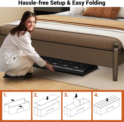 Miniatura 6 de Banco otomano plegable de almacenamiento de 43 pulgadas, taburete plegable para pie de cama con bolsillo lateral, baúl de almacenamiento para sala
