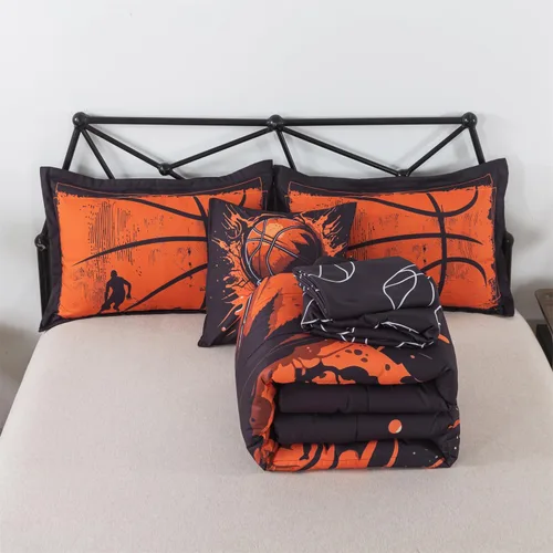 Miniatura 7 de Juego de edredón de 6 piezas con diseño de baloncesto, ropa de cama negra tamaño individual para niños, adolescentes y adultos, con pelotas