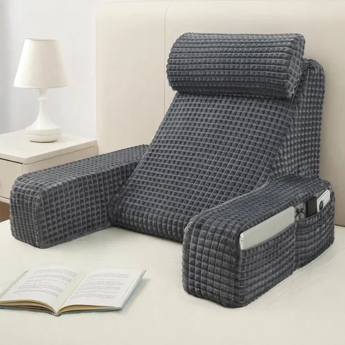 Vekkia Almohada de lectura, almohada de respaldo para adultos, almohada de apoyo de respaldo con brazos integrados y bolsillos XL, silla de descanso