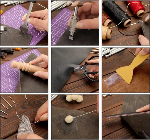 Miniatura 5 de Kit de cuero de 183 piezas, kits de trabajo de cuero con herramientas de trabajo de cuero para fabricación de monturas, kit de remaches de cuero