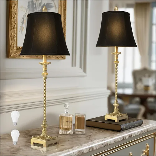 Juego de 2 lámparas de mesa vintage de 33 pulgadas de alto, lámparas de buffet estilo candelabro con acabado de hoja de oro y pantallas de lino