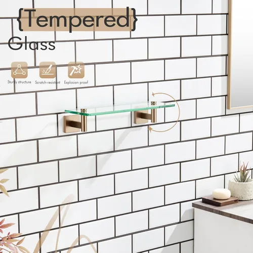 Miniatura 7 de KOKOSIRI Estantes de Pared Hardware de Baño Estante Flotante de Vidrio de 12 Pulgadas para Dormitorio, Sala de Estar, Cocina, Rack Colgante Bronce