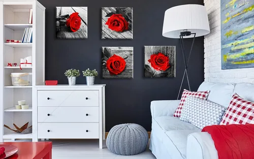 Miniatura 4 de JiazuGo - Decoración de pared para dormitorio con rosas rojas, arte de pared en blanco y negro, flores modernas para parejas, cuadros románticos
