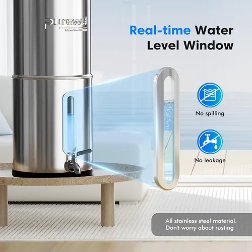Miniatura 6 de Filtro de agua por gravedad Purewell, 2.25 gal, ventana de nivel de agua, de encimera, acero inoxidable, ultrafiltración de 3 etapas de 0.01 μm