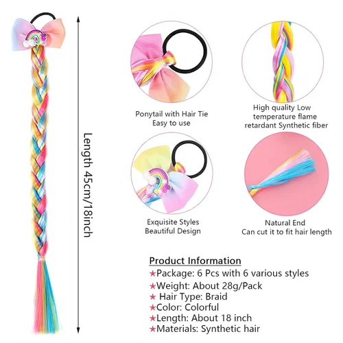 Miniatura 2 de 6 extensiones de cabello de trenzas de colores para niñas con bandas de goma, extensiones trenzadas de arco iris, lazos para el cabello, peluca