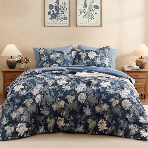 Miniatura 20 de BLOOMHAVEN Juego de edredón tamaño individual XL, juego de ropa de cama de 5 piezas con rosas florales para todas las estaciones, cama en una bolsa