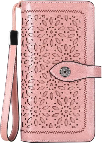 HUANLANG Cartera grande de cuero para mujer con bolsillo para monedas, organizador de cartera RFID para mujer con correa para muñeca, Rosado, Vintage