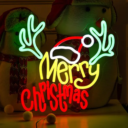 Miniatura 20 de Letrero de neón de Navidad de Salchicha Dachshund Sombrero de Santa LED Regalo de Navidad para niños, amantes de mascotas, lámpara de astas