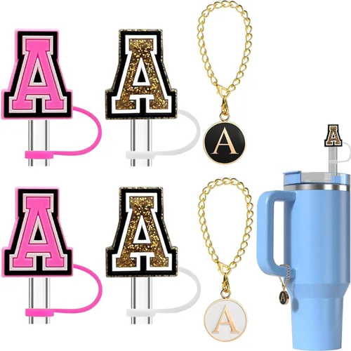 Miniatura 8 de Haundry Paquete de 4 fundas de popote para vaso Stanley, reutilizable, de 0.394 pulgadas con 2 piezas de dije de letra inicial, accesorios para copa