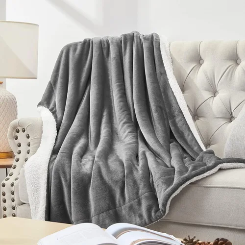 Miniatura 7 de Walensee Manta de vellón Sherpa (Tamaño Queen de 90 x 90 pulgadas, gris), manta de felpa gris peluda súper suave reversible de franela de microfibra
