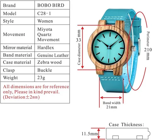 Miniatura 7 de BOBO BIRD Reloj de madera de bambú para hombre y mujer con correa de cuero de vaca azul, relojes casuales para el amor con caja