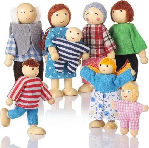 Jzszera Casa de muñecas de madera, personas de 8 figuras, conjunto familiar de muñecas para niñas, niños pequeños, accesorios de casa de muñecas,