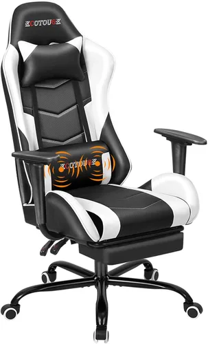 Miniatura 10 de Silla de masaje para juegos con reposapiés, silla ergonómica de PC con respaldo alto con reposacabezas y lumbar, silla giratoria de PU para Negro