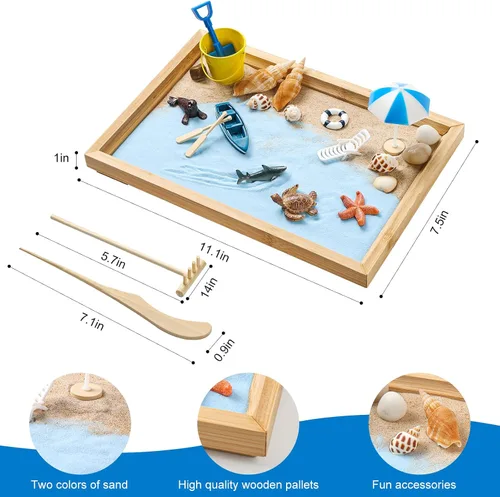 Miniatura 5 de Kit de Jardín Zen para Escritorio - Hermoso Juego de Decoración de Caja de Jardín de Arena Zen de Playa Japonesa Mini Premium para el Hogar, Oficina
