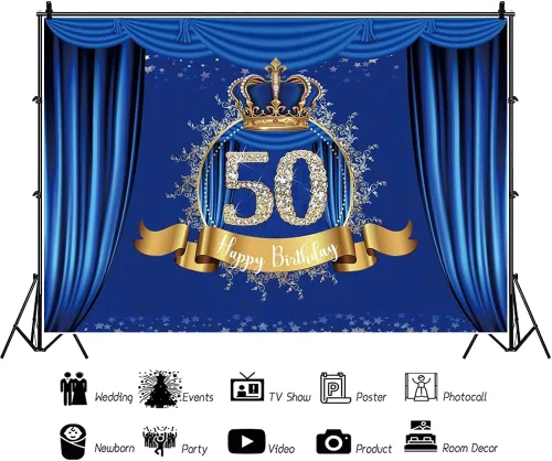 Miniatura 2 de Telón de fondo de feliz cumpleaños 50 años, cortina azul real de lujo, corona azul dorado, fondo fotográfico, celebración de cumpleaños de niño
