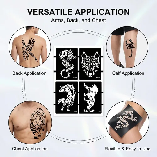 Miniatura 8 de 10 plantillas de tatuaje temporales de patrones grandes, 5 hojas tamaño A4, kit de plantillas de tatuaje tribal, plantillas profesionales de 3 capas