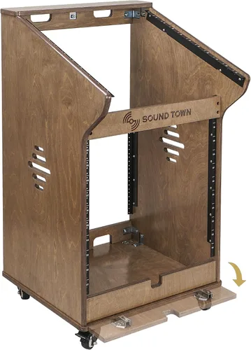 Sound Town Estante de estudio de bricolaje con mezclador inclinado de 11U, estante frontal de 10U, almacenamiento inferior de 2U, ruedas, patas de