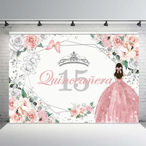 Miniatura 7 de MEHOFOND Telón de fondo de quinceañera con 15 letras para fiesta de niñas de 15 años con texto en inglés «Sweet 15 Quince años», fondo floral azul