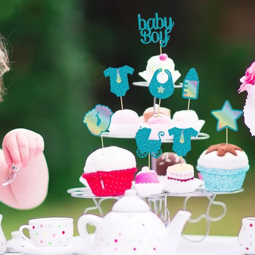 Miniatura 6 de Gyufise 28 piezas de decoración para cupcakes para baby shower de niño, estrella con purpurina azul, con estampado de pezón para bebé, niño, Oro