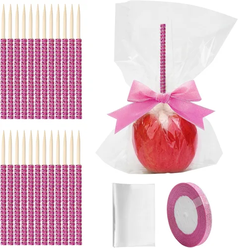Miniatura 10 de Kit de 24 palos para manzanas de caramelo, 24 palos brillantes para manzanas con pedrería de rinestone de madera con 24 bolsas/ 25 yardas de cinta