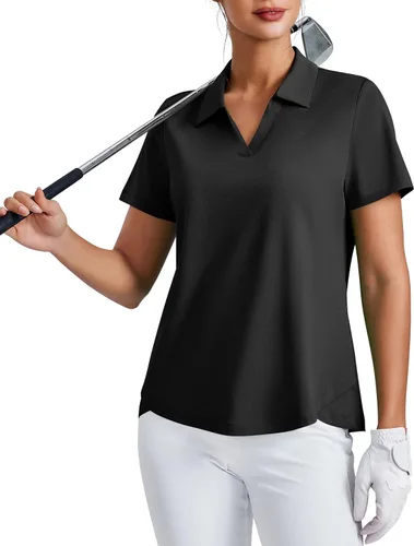 PINSPARK Camiseta de golf para mujer, de manga corta, con protección UPF 50+, camiseta de tenis, cuello en V, para entrenamiento, ropa deportiva