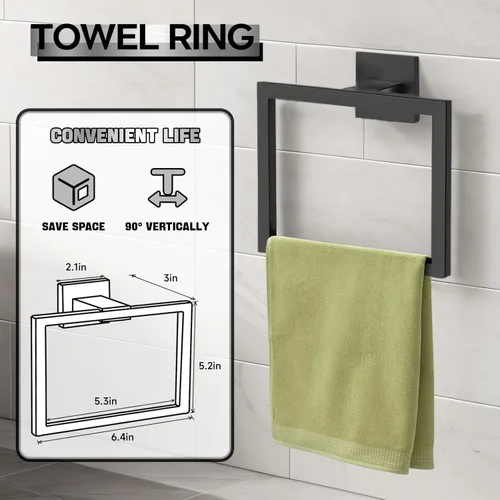 Miniatura 3 de Juego de accesorios de baño de 10 piezas, color negro mate, incluye barra de toalla de baño de 23.6 pulgadas, anillos de toalla, soportes para papel