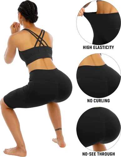 Miniatura 4 de WHOUARE Paquete de 4 pantalones cortos de yoga con bolsillos para mujer, cintura alta, atléticos, correr, entrenamiento, gimnasio, control de abdomen