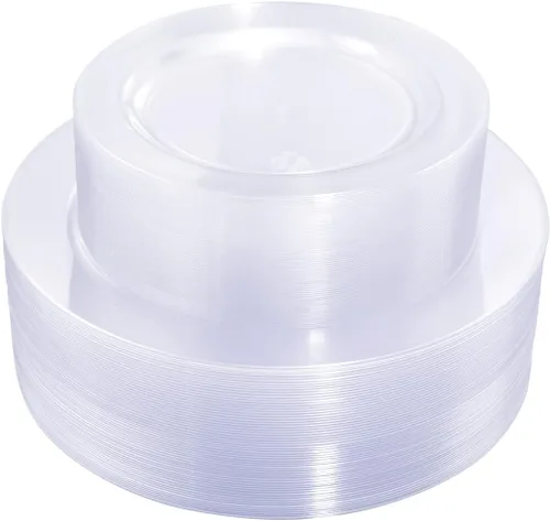 Miniatura 32 de Liacere 100 platos de plástico dorados, platos desechables de purpurina dorada para aperitivos, platos de ensalada/postre de plástico de alta