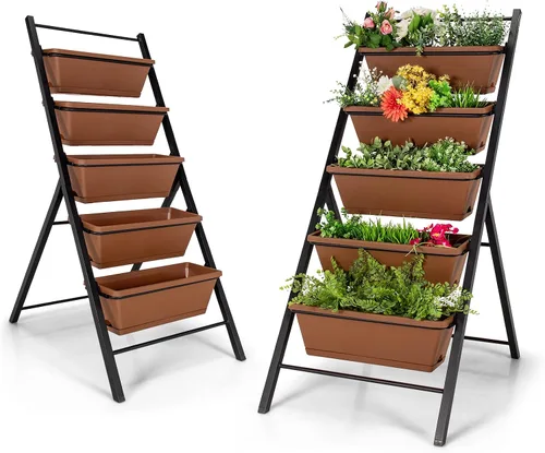 Miniatura 12 de Giantex Maceta vertical elevada, camas de jardín elevadas con orificio de drenaje de agua, cajas independientes de 5 contenedores para cultivo