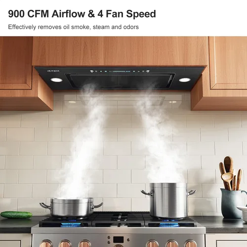 Miniatura 2 de IKTCH Nuevo inserto de campana extractora de 30 pulgadas, campana extractora sin conductos de 900 CFM con ventilador de 4 velocidades, acero Negro